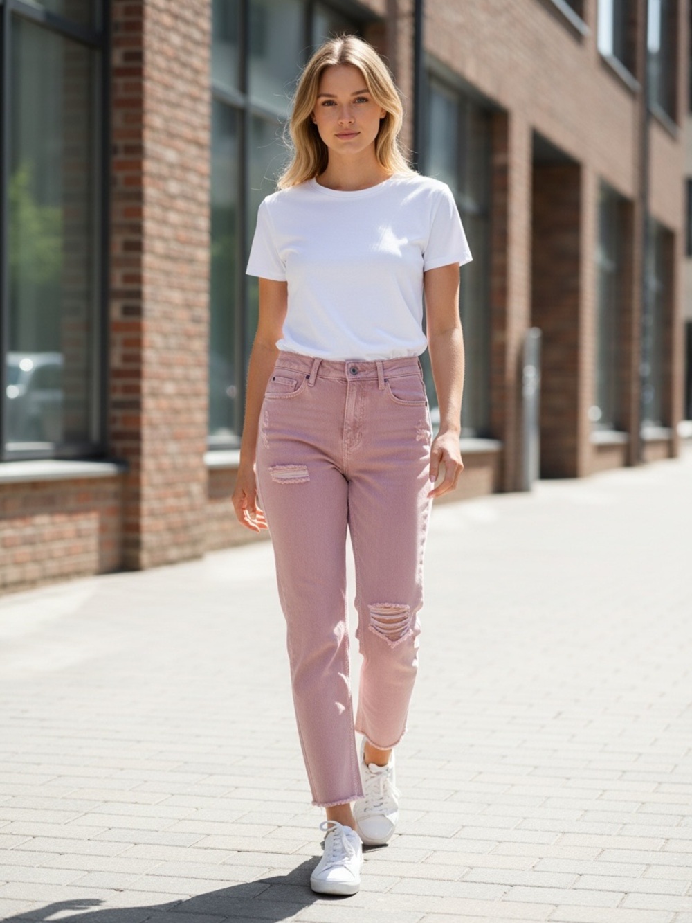 Sandro Pink Distressed Straight-Leg Jeans